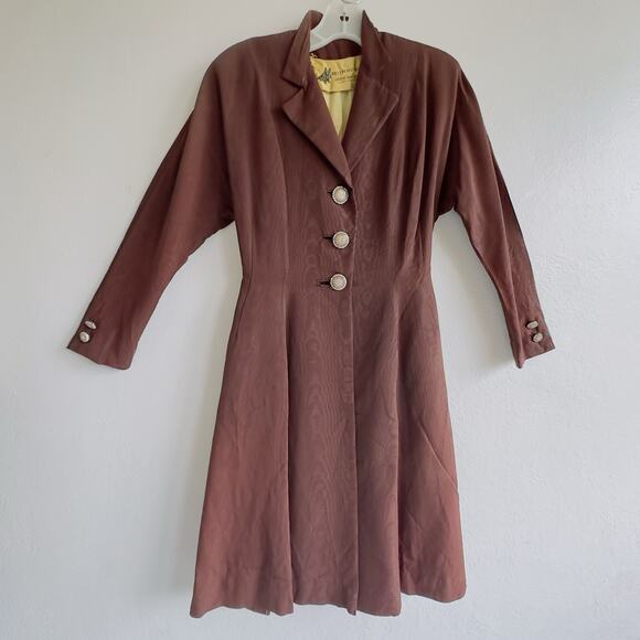 Vintage 1950s Rothmoor Swing Coat Rhinestone Buttons Brown Moiré Fabric Small - Picture 2 of 9